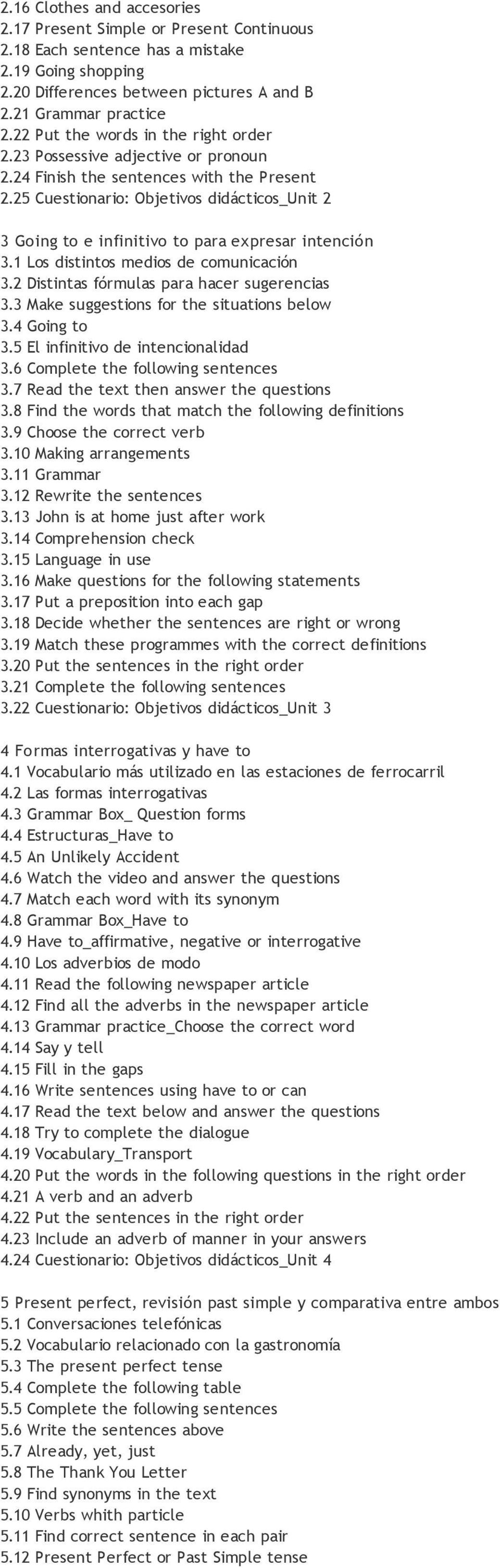 25 Cuestionario: Objetivos didácticos_unit 2 3 Going to e infinitivo to para expresar intención 3.1 Los distintos medios de comunicación 3.2 Distintas fórmulas para hacer sugerencias 3.