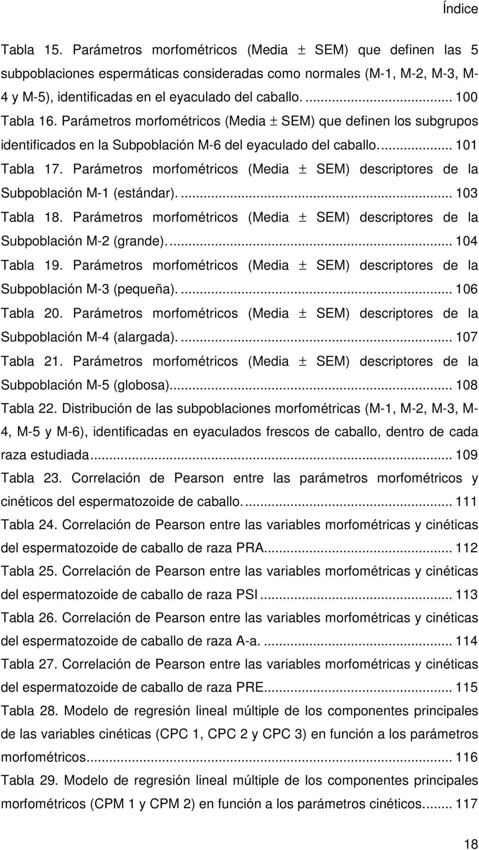 Parámetros morfométricos (Media ± SEM) descriptores de la Subpoblación M-1 (estándar).... 103 Tabla 18. Parámetros morfométricos (Media ± SEM) descriptores de la Subpoblación M-2 (grande).