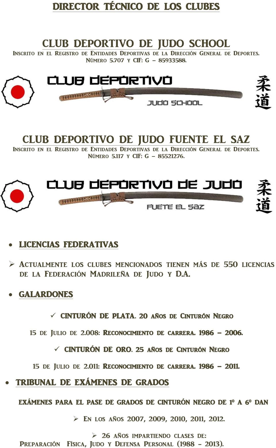 LICENCIAS FEDERATIVAS Actualmente los clubes mencionados tienen más de 550 licencias de la Federación Madrileña de Judo y D.A. GALARDONES CINTURÓN DE PLATA. 20 años de Cinturón Negro 15 de Julio de 2.