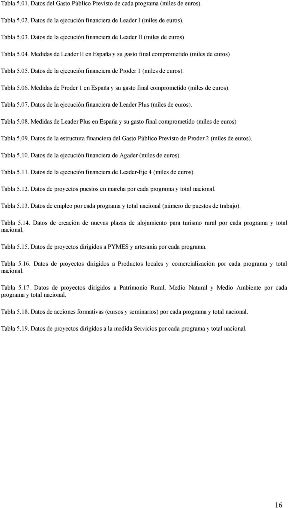 Datos de la ejecución financiera de Proder 1 (miles de euros). Tabla 5.06. Medidas de Proder 1 en España y su gasto final comprometido (miles de euros). Tabla 5.07.