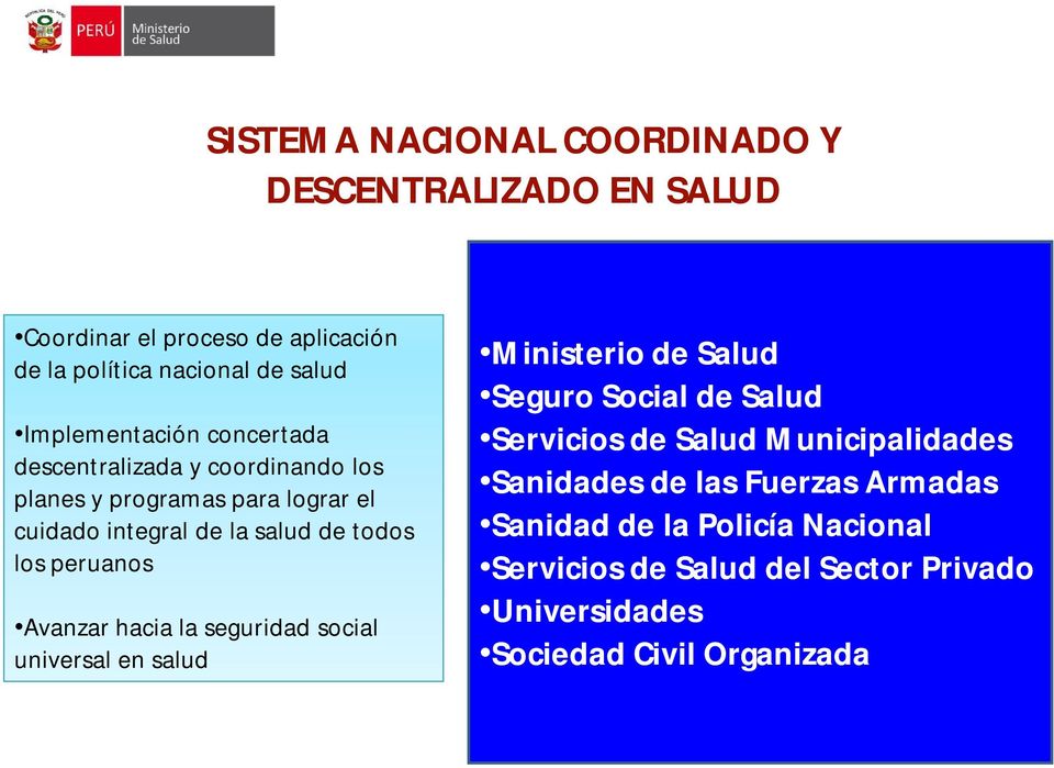 los peruanos Avanzar hacia la seguridad social universal en salud Ministerio de Salud Seguro Social de Salud Servicios de Salud