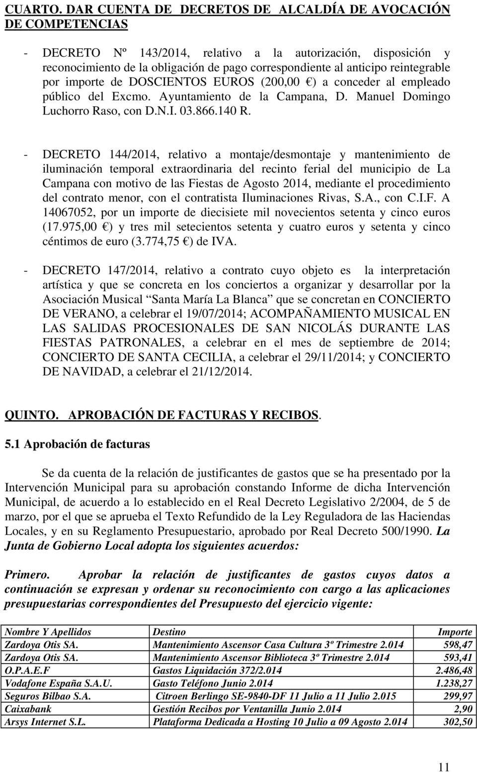 reintegrable por importe de DOSCIENTOS EUROS (200,00 ) a conceder al empleado público del Excmo. Ayuntamiento de la Campana, D. Manuel Domingo Luchorro Raso, con D.N.I. 03.866.140 R.