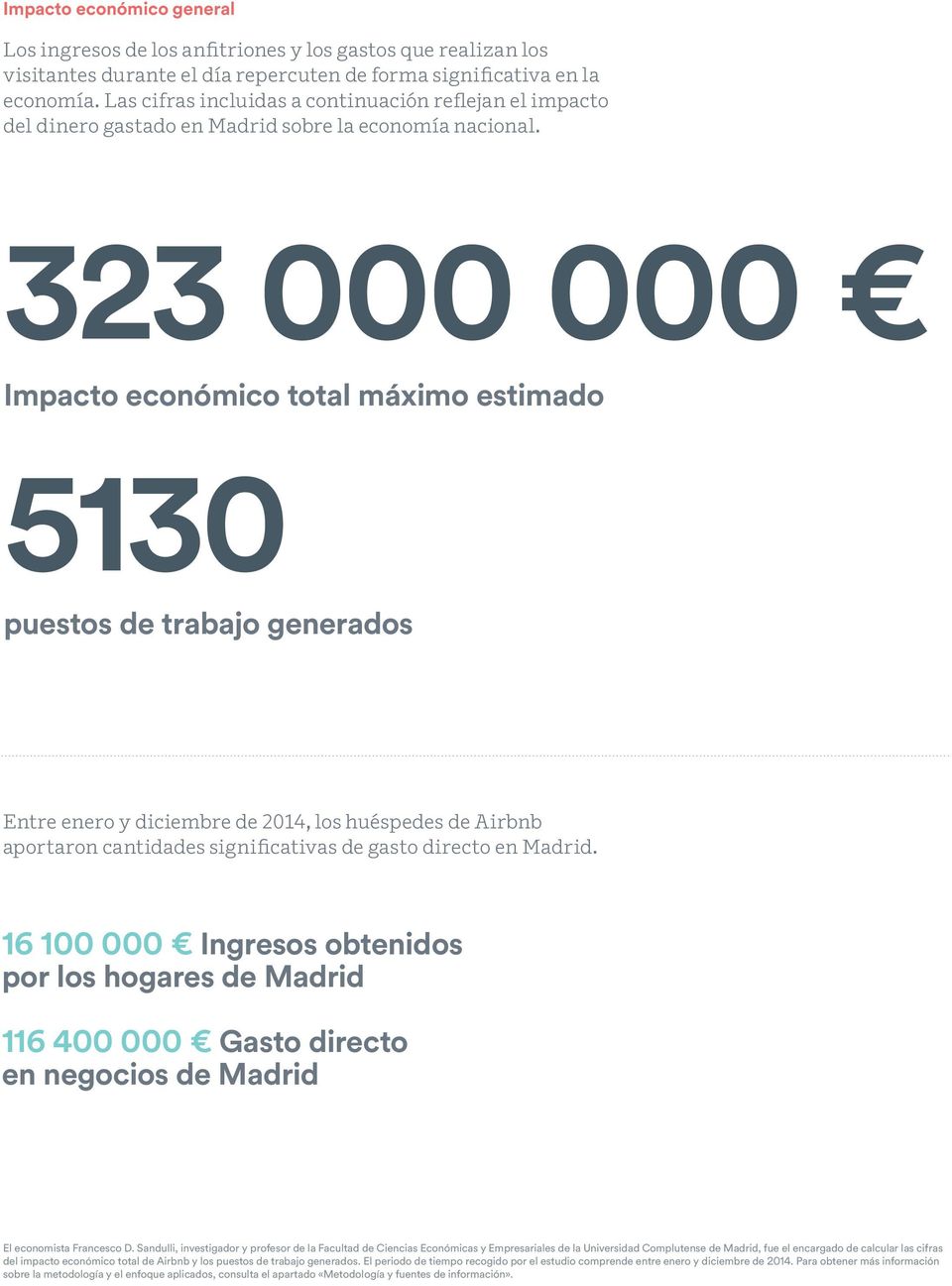 323 000 000 Impacto económico total máximo estimado 5130 puestos de trabajo generados Entre enero y diciembre de 2014, los huéspedes de Airbnb aportaron cantidades significativas de gasto directo en
