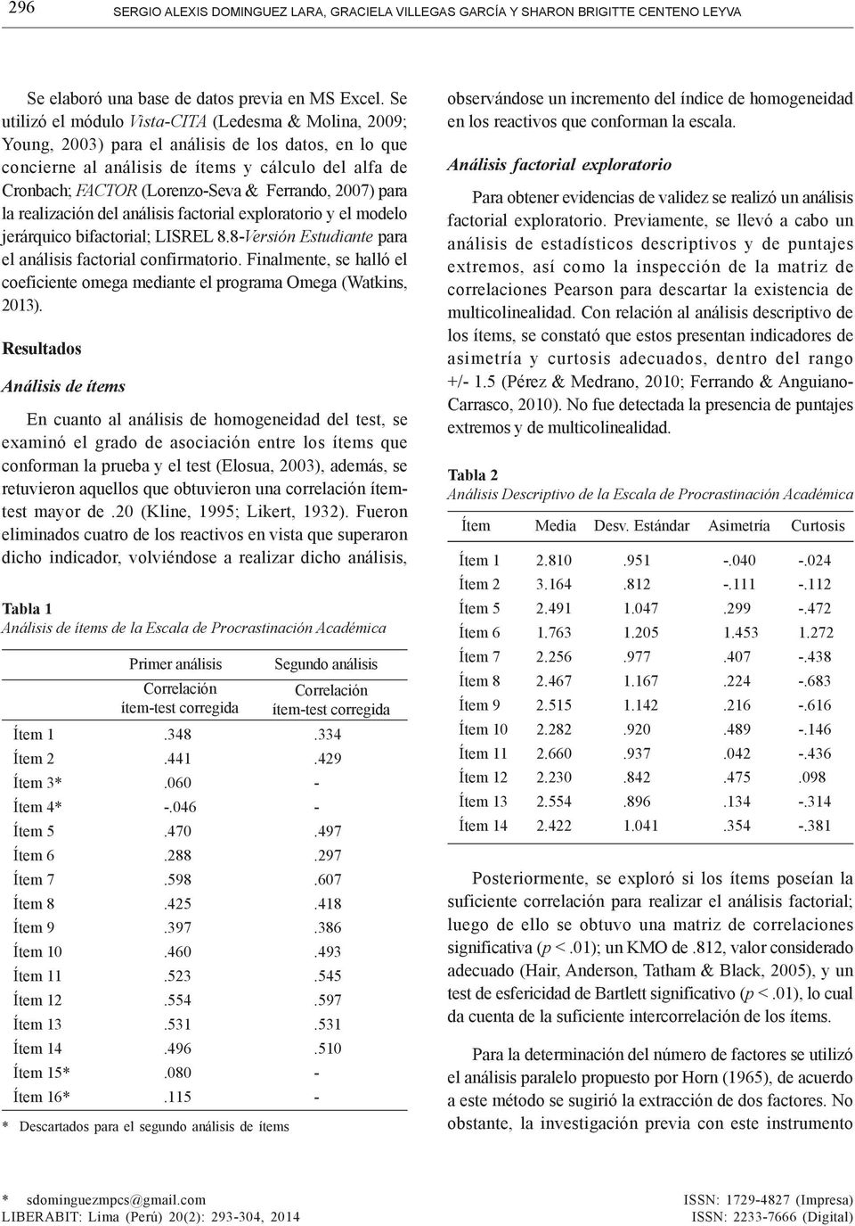 Ferrando, 2007) para la realización del análisis factorial exploratorio y el modelo jerárquico bifactorial; LISREL 8.8-Versión Estudiante para el análisis factorial confirmatorio.