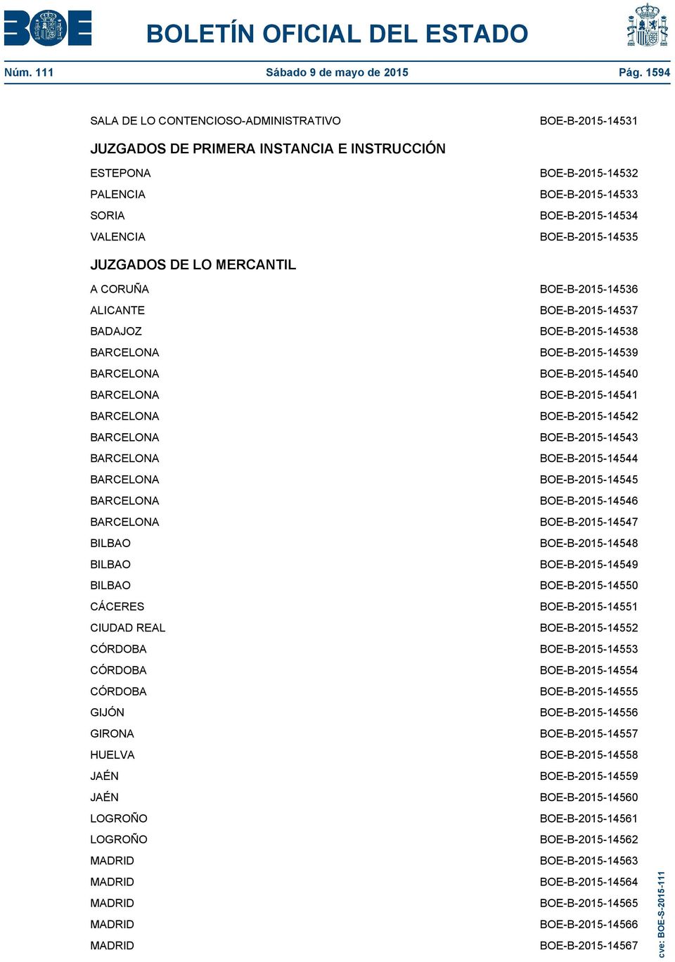 BOE-B-2015-14535 JUZGADOS DE LO MERCANTIL A CORUÑA ALICANTE BADAJOZ BARCELONA BARCELONA BARCELONA BARCELONA BARCELONA BARCELONA BARCELONA BARCELONA BARCELONA BILBAO BILBAO BILBAO CÁCERES CIUDAD REAL