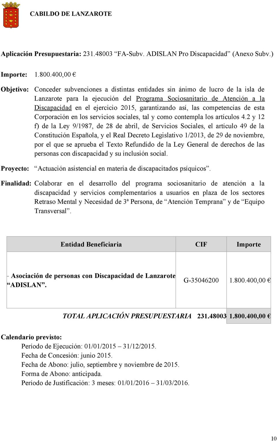 400,00 Objetivo: Conceder subvenciones a distintas entidades sin ánimo de lucro de la isla de Lanzarote para la ejecución del Programa Sociosanitario de Atención a la Discapacidad en el ejercicio