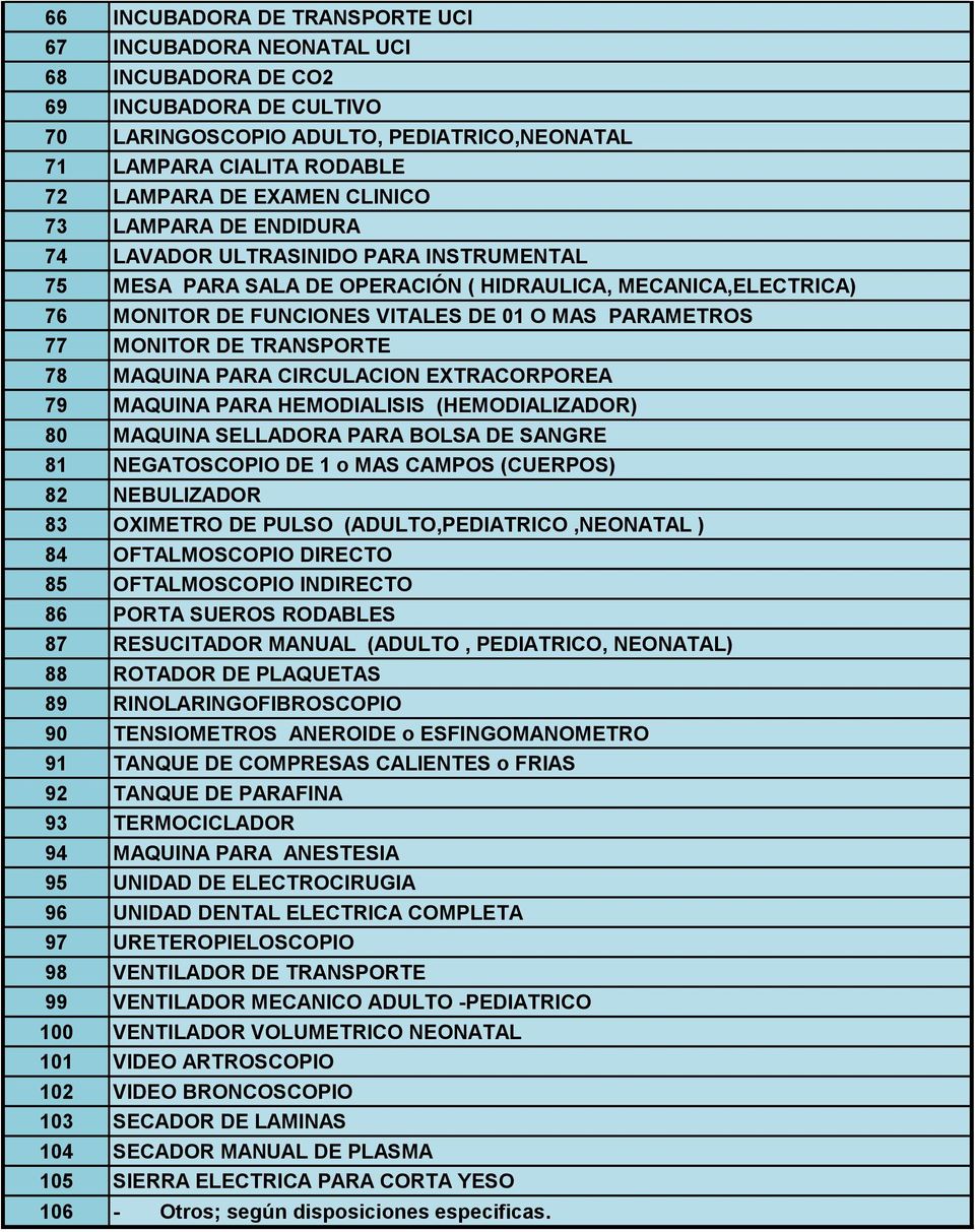 MONITOR DE TRANSPORTE 78 MAQUINA PARA CIRCULACION EXTRACORPOREA 79 MAQUINA PARA HEMODIALISIS (HEMODIALIZADOR) 80 MAQUINA SELLADORA PARA BOLSA DE SANGRE 81 NEGATOSCOPIO DE 1 o MAS CAMPOS (CUERPOS) 82