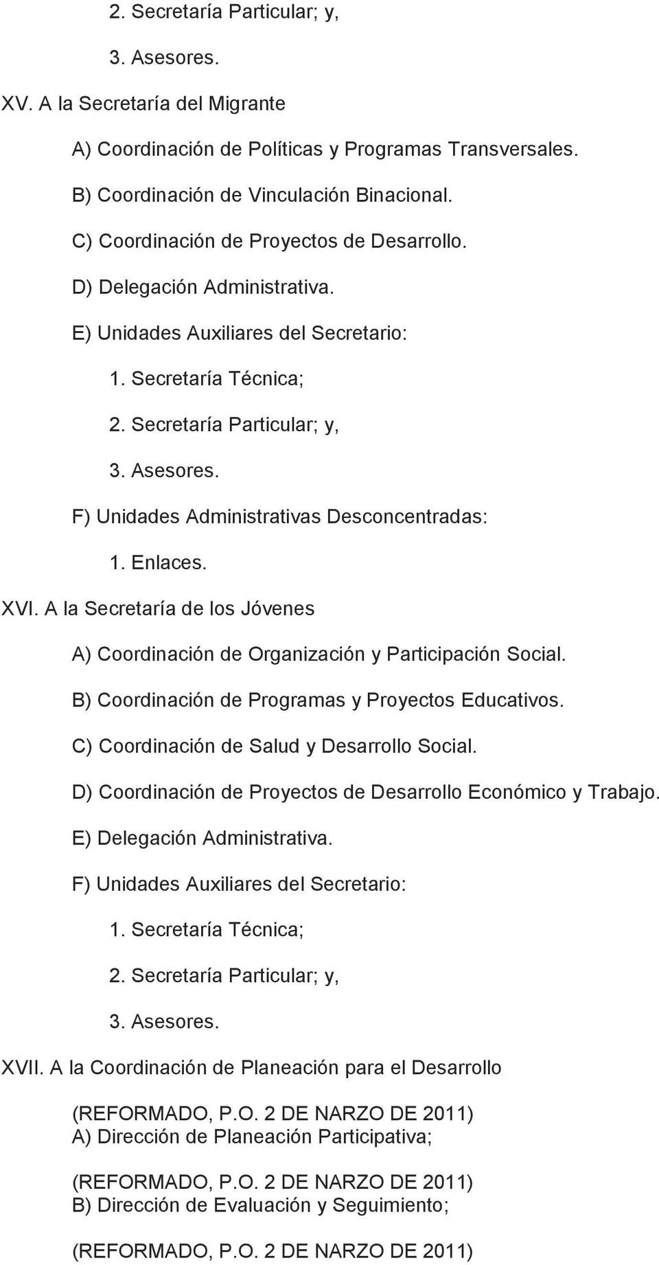 F) Unidades Administrativas Desconcentradas: 1. Enlaces. XVI. A la Secretaría de los Jóvenes A) Coordinación de Organización y Participación Social.