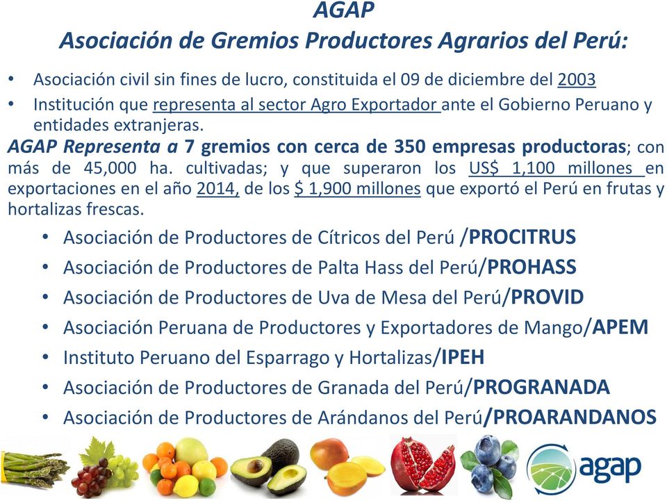 cultivadas; y que superaron los US$ 1,100 millones en exportaciones en el año 2014, de los $ 1,900 millones que exportó el Perú en frutas y hortalizas frescas.