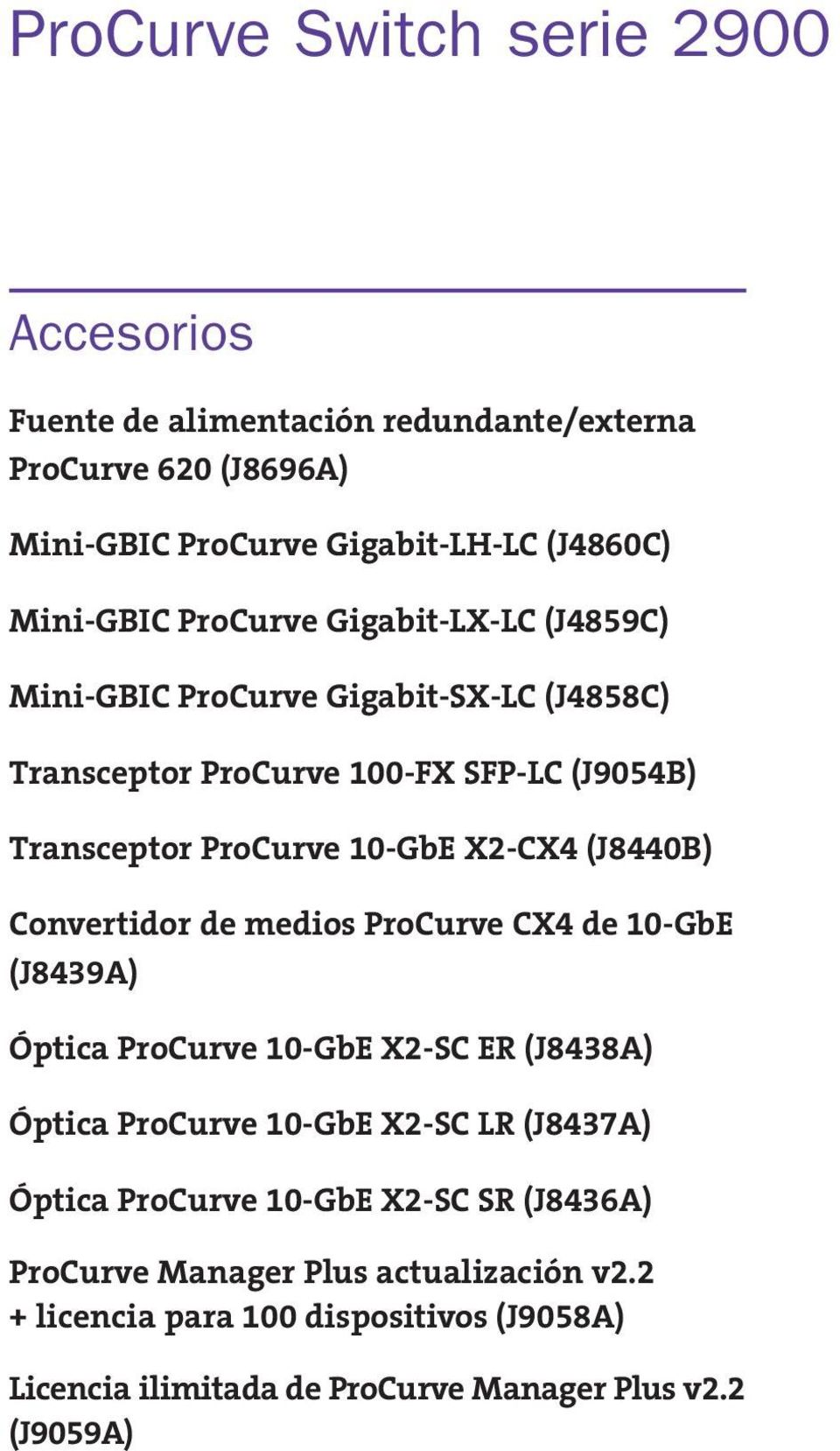 de medios ProCurve CX4 de 10-GbE (J8439A) Óptica ProCurve 10-GbE X2-SC ER (J8438A) Óptica ProCurve 10-GbE X2-SC LR (J8437A) Óptica ProCurve 10-GbE