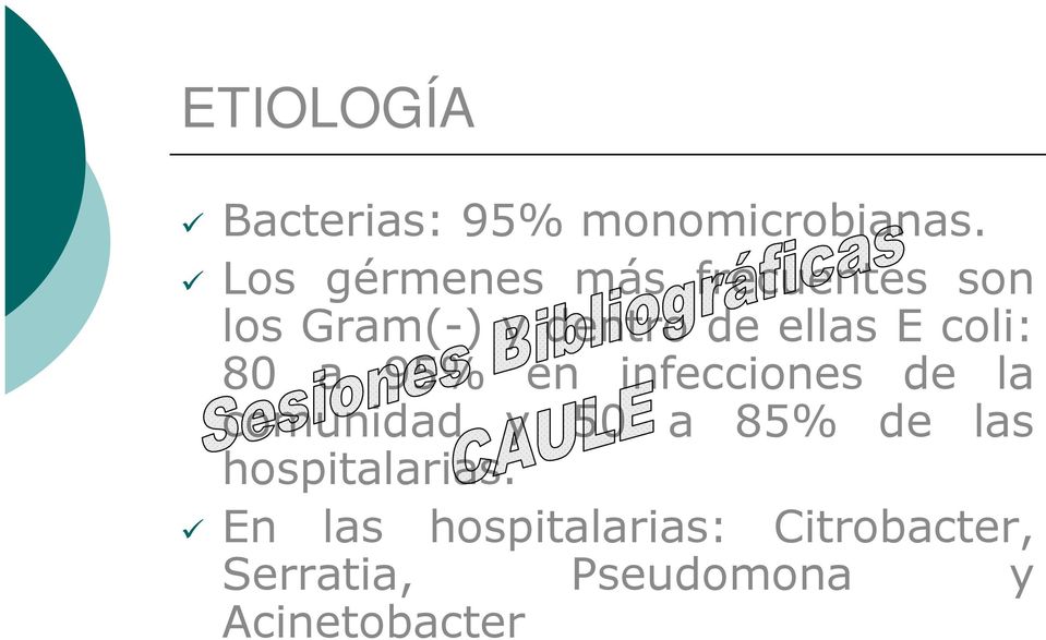 coli: 80 a 95% en infecciones de la comunidad y 50 a 85% de las