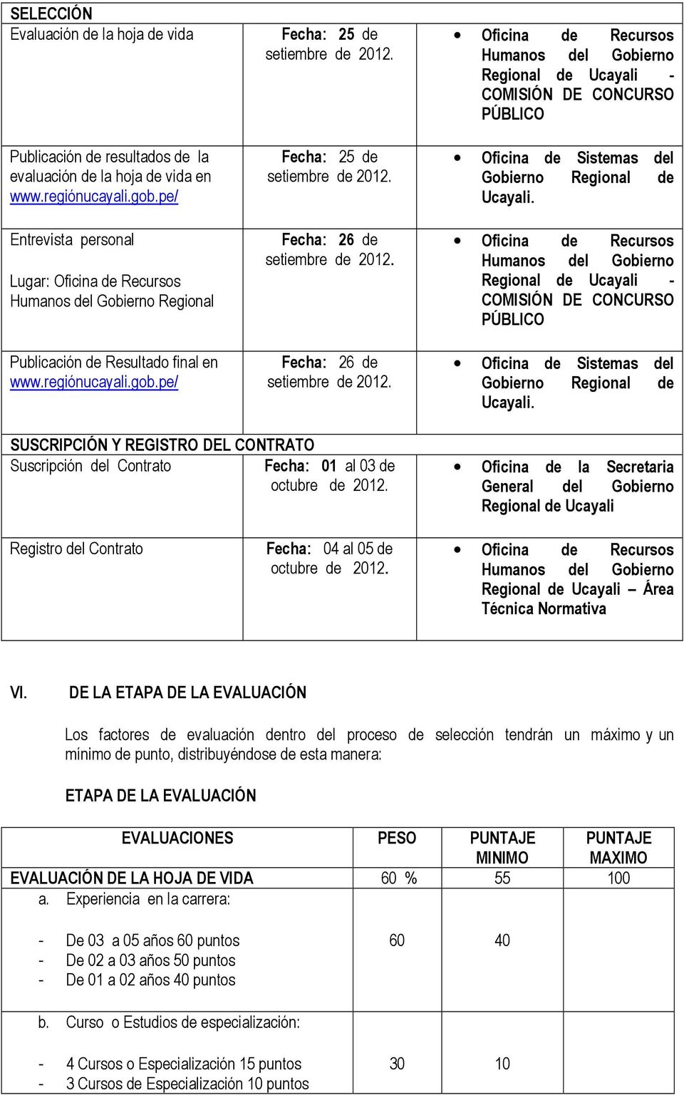 Suscripción del Contrato Fecha: 01 al 03 de octubre de 2012. Oficina de la Secretaria General del Gobierno Regional de Ucayali Registro del Contrato Fecha: 04 al 05 de octubre de 2012.