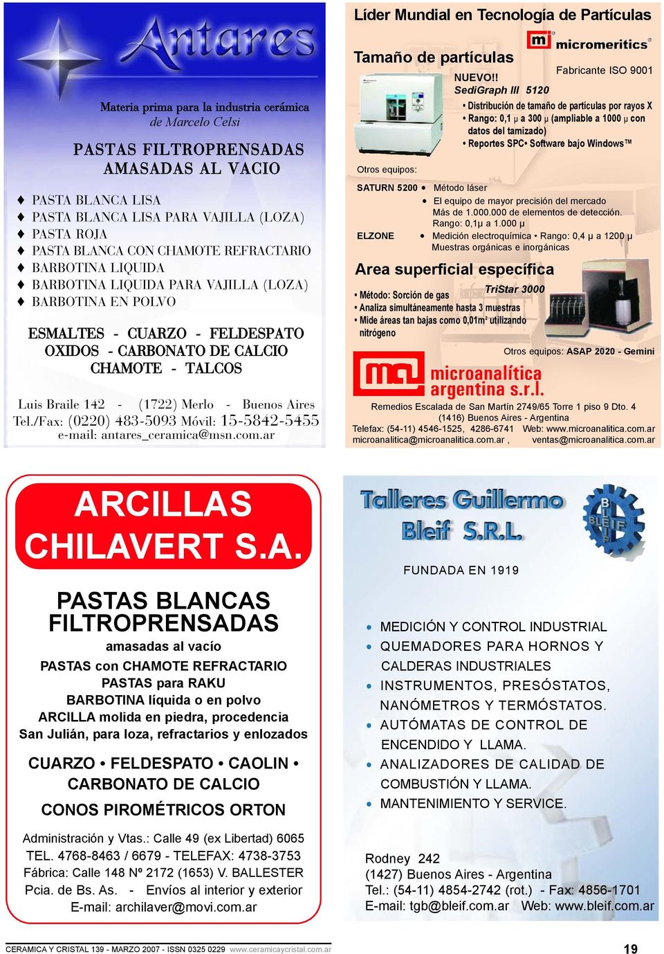 Luis Braile 142 - (1722) Merlo - Buenos Aires Tel./Fax: (0220) 483-5093 Móvil: 15-5842-5455 e-mail: antares_ceramica@msn.com.ar Tamaño de partículas Fabricante ISO 9001 NUEVO!