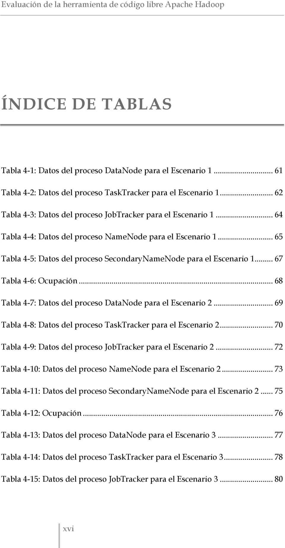 .. 65 Tabla 4-5: Datos del proceso SecondaryNameNode para el Escenario 1... 67 Tabla 4-6: Ocupación... 68 Tabla 4-7: Datos del proceso DataNode para el Escenario 2.