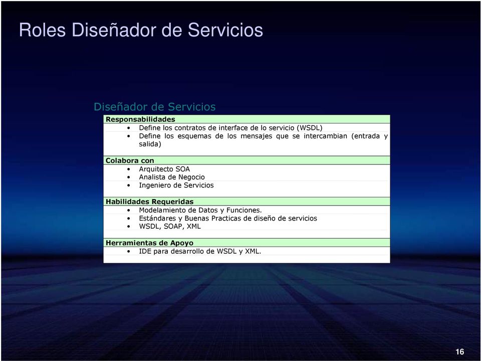 SOA Analista de Negocio Ingeniero de Servicios Habilidades Requeridas Modelamiento de Datos y Funciones.
