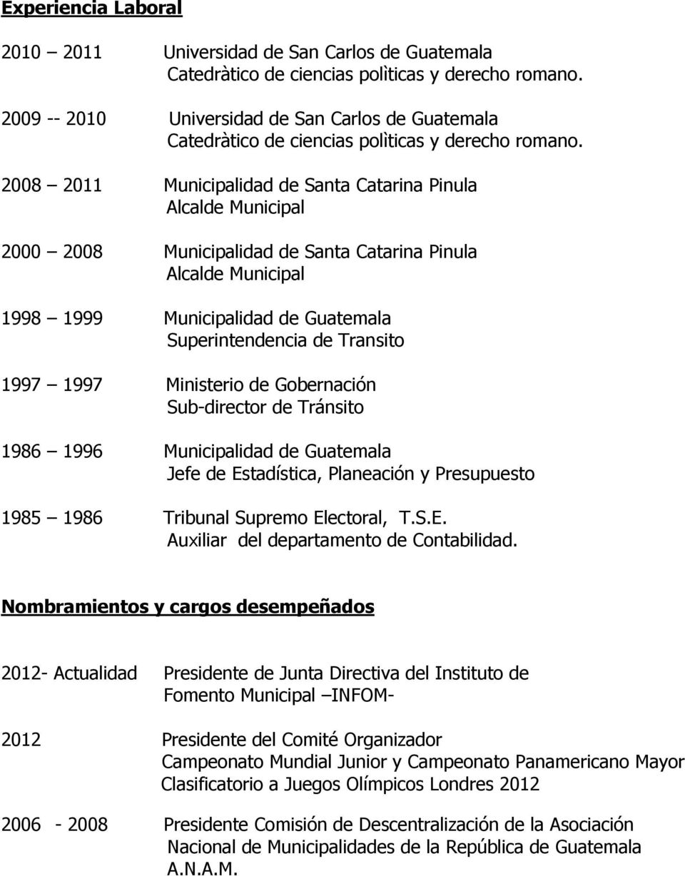 2008 2011 Municipalidad de Santa Catarina Pinula Alcalde Municipal 2000 2008 Municipalidad de Santa Catarina Pinula Alcalde Municipal 1998 1999 Municipalidad de Guatemala Superintendencia de Transito