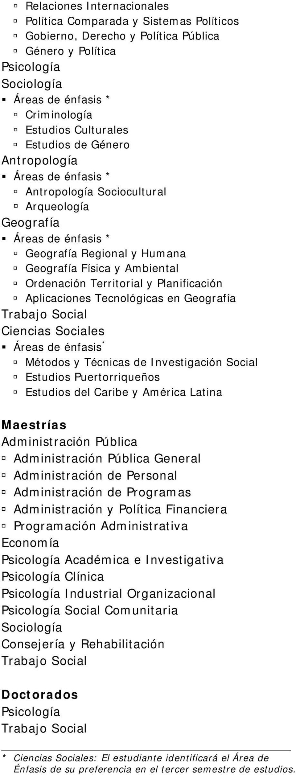 y Planificación Aplicaciones Tecnológicas en Geografía Trabajo Social Ciencias Sociales Áreas de énfasis * Métodos y Técnicas de Investigación Social Estudios Puertorriqueños Estudios del Caribe y