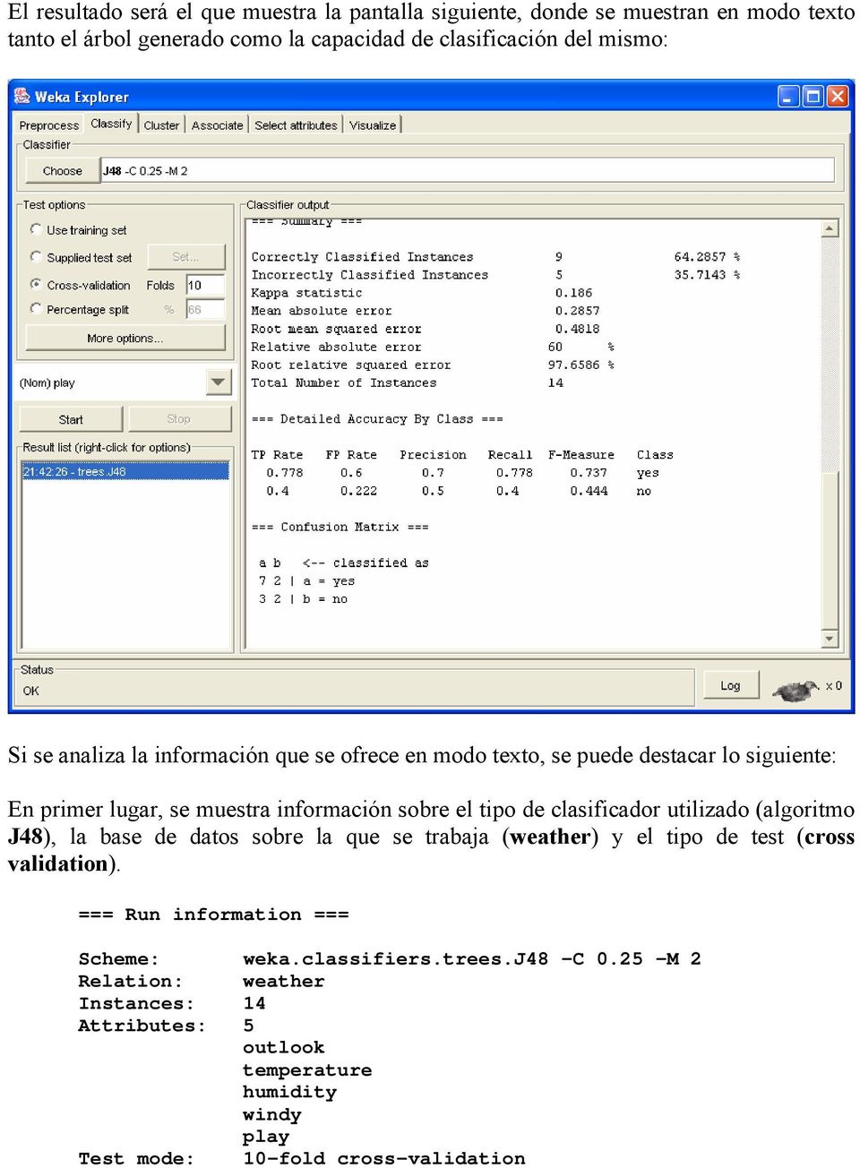 clasificador utilizado (algoritmo J48), la base de datos sobre la que se trabaja (weather) y el tipo de test (cross validation).