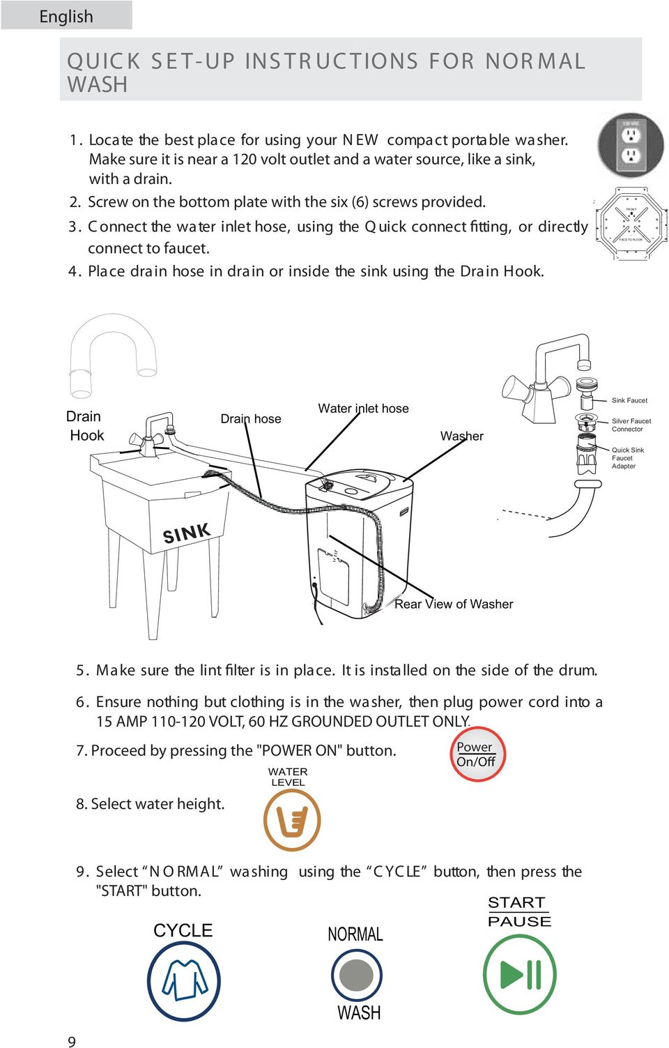 C onnect the water inlet hose, using the Q uick connect fitting, or directly connect to faucet. 4. Place drain hose in drain or inside the sink using the Drain Hook.