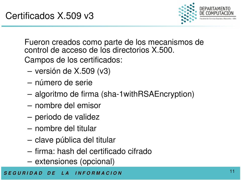 X.500. Campos de los certificados: versión de X.