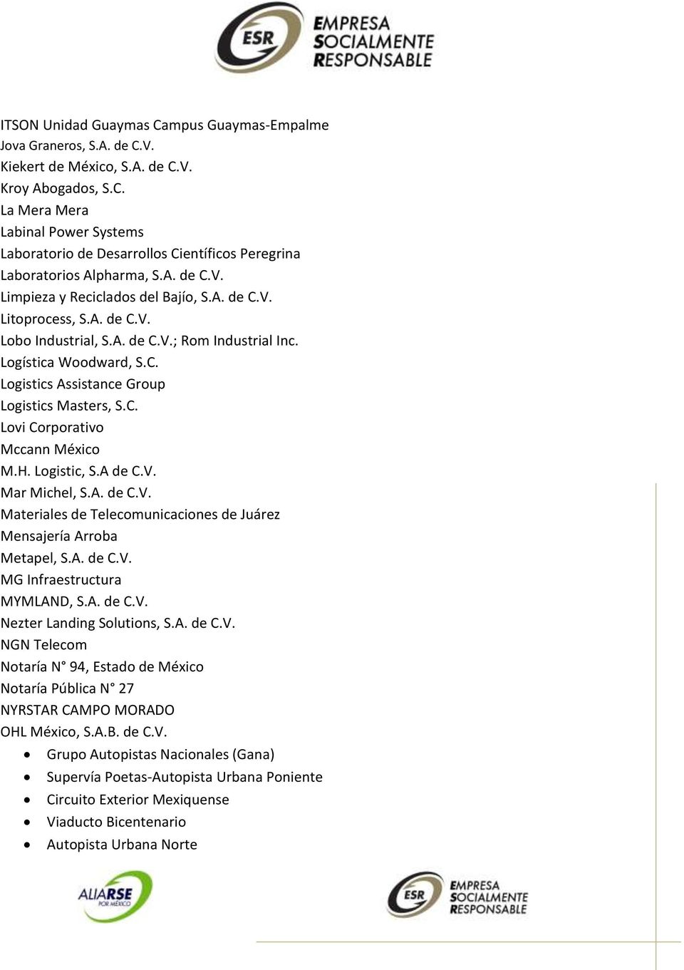 C. Lovi Corporativo Mccann México M.H. Logistic, S.A de C.V. Mar Michel, S.A. de C.V. Materiales de Telecomunicaciones de Juárez Mensajería Arroba Metapel, S.A. de C.V. MG Infraestructura MYMLAND, S.