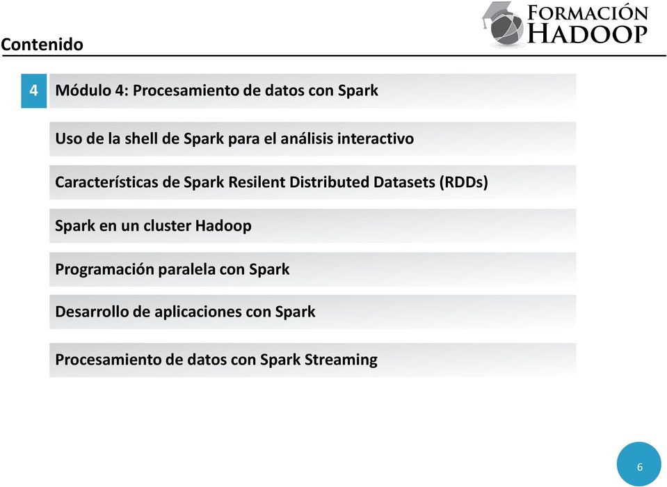 Distributed Datasets (RDDs) Spark en un cluster Hadoop Programación paralela