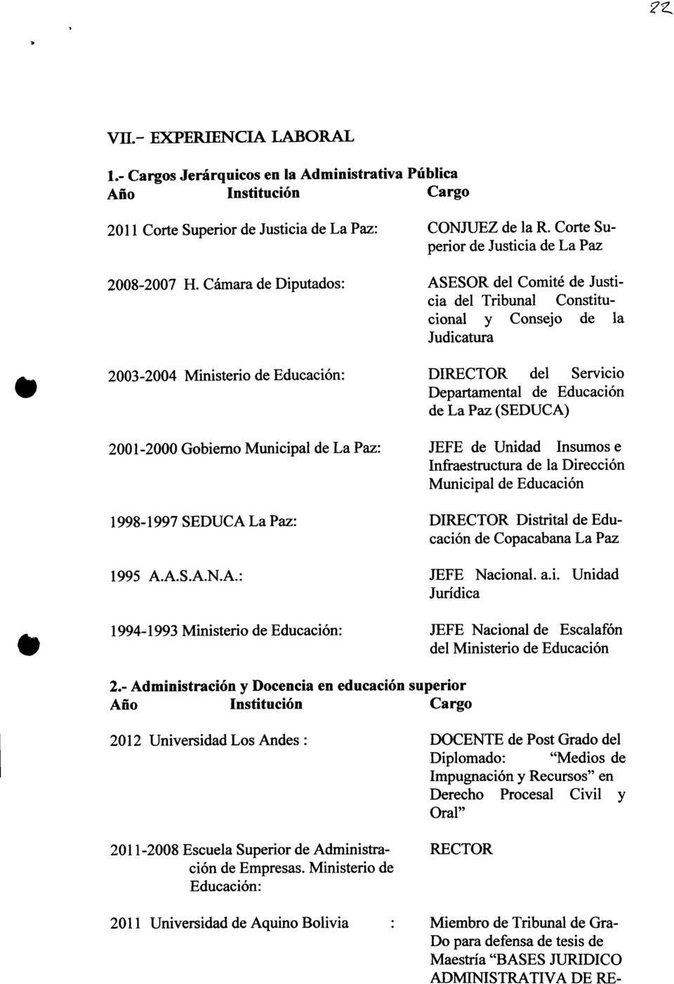 (SEDUCA) 2001-2000 Gobierno Municipal de La Paz: JEFE de Unidad Insumos e Infraestructura de la Dirección Municipal de Educación 1998-1997 SEDUCA La Paz: DIRECTOR Distrital de Educación de Copacabana