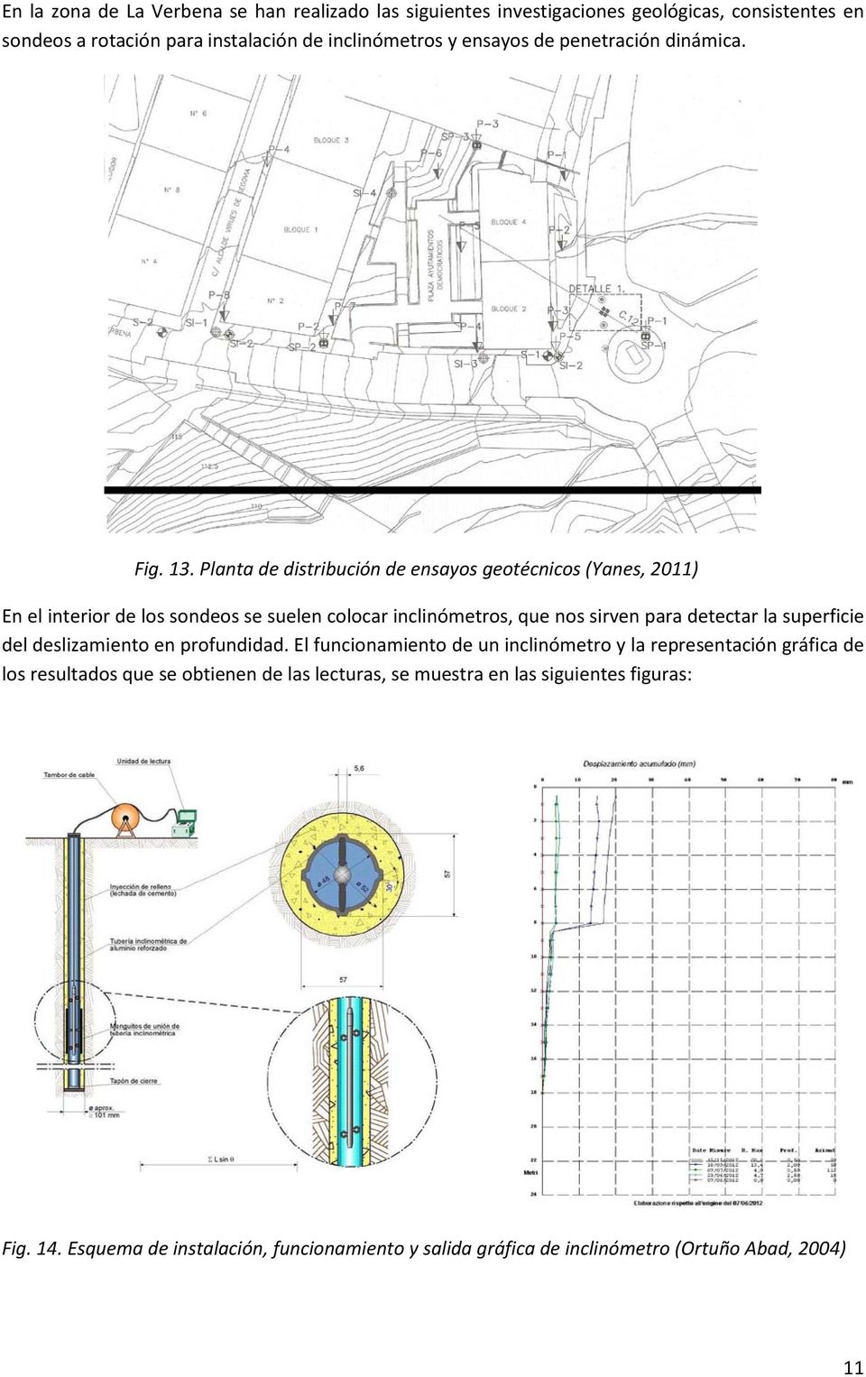 Planta de distribución de ensayos geotécnicos (Yanes, 2011) En el interior de los sondeos se suelen colocar inclinómetros, que nos sirven para detectar la