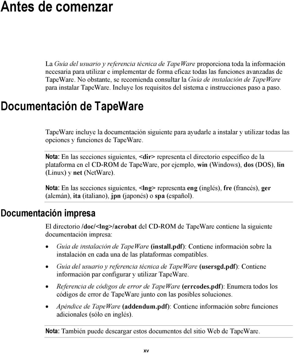 Documentación de TapeWare TapeWare incluye la documentación siguiente para ayudarle a instalar y utilizar todas las opciones y funciones de TapeWare.
