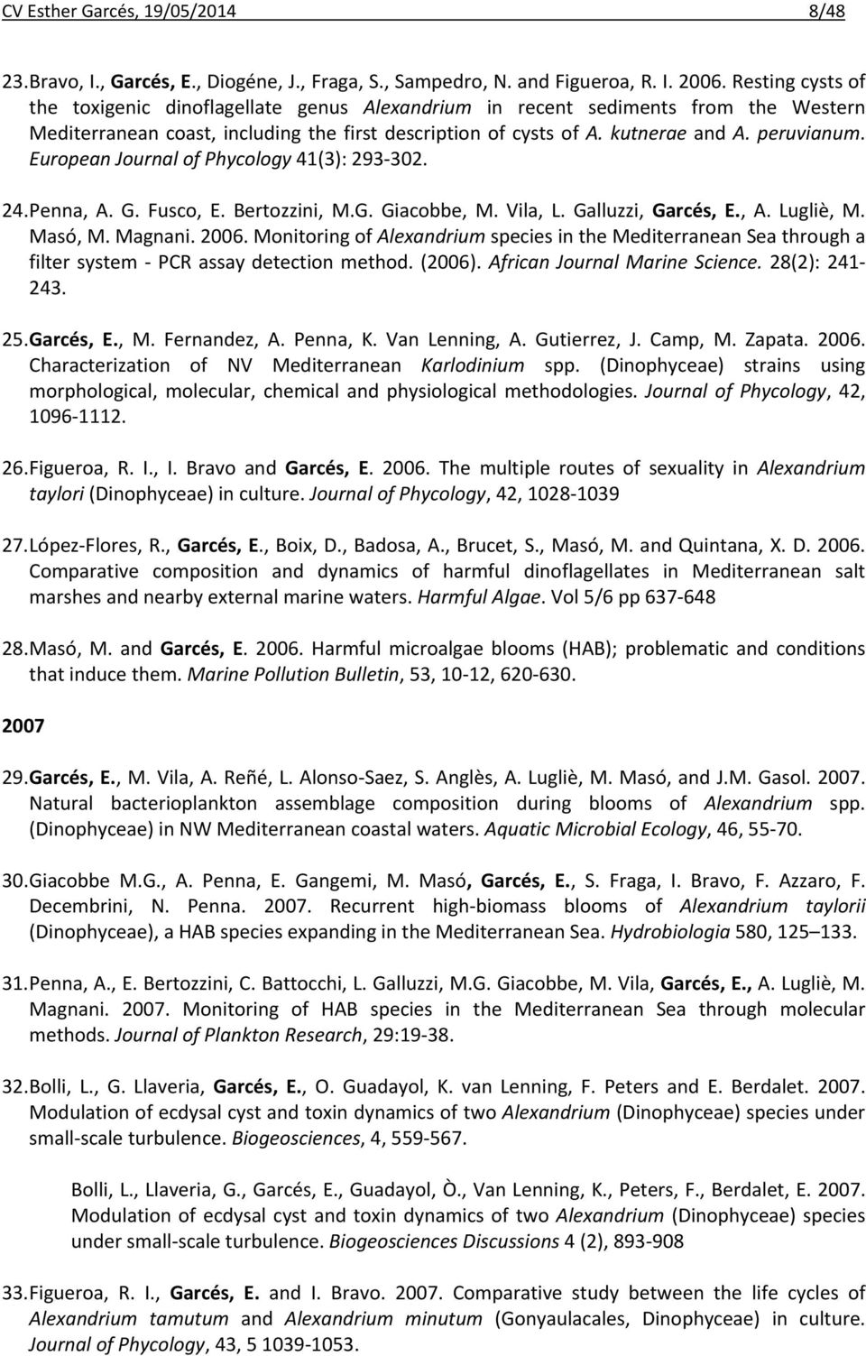 European Journal of Phycology 41(3): 293 302. 24. Penna, A. G. Fusco, E. Bertozzini, M.G. Giacobbe, M. Vila, L. Galluzzi, Garcés, E., A. Lugliè, M. Masó, M. Magnani. 2006.