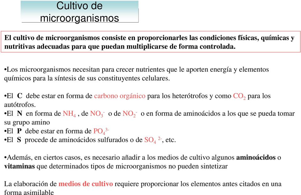 El C debe estar en forma de carbono orgánico para los heterótrofos y como CO 2 para los autótrofos.