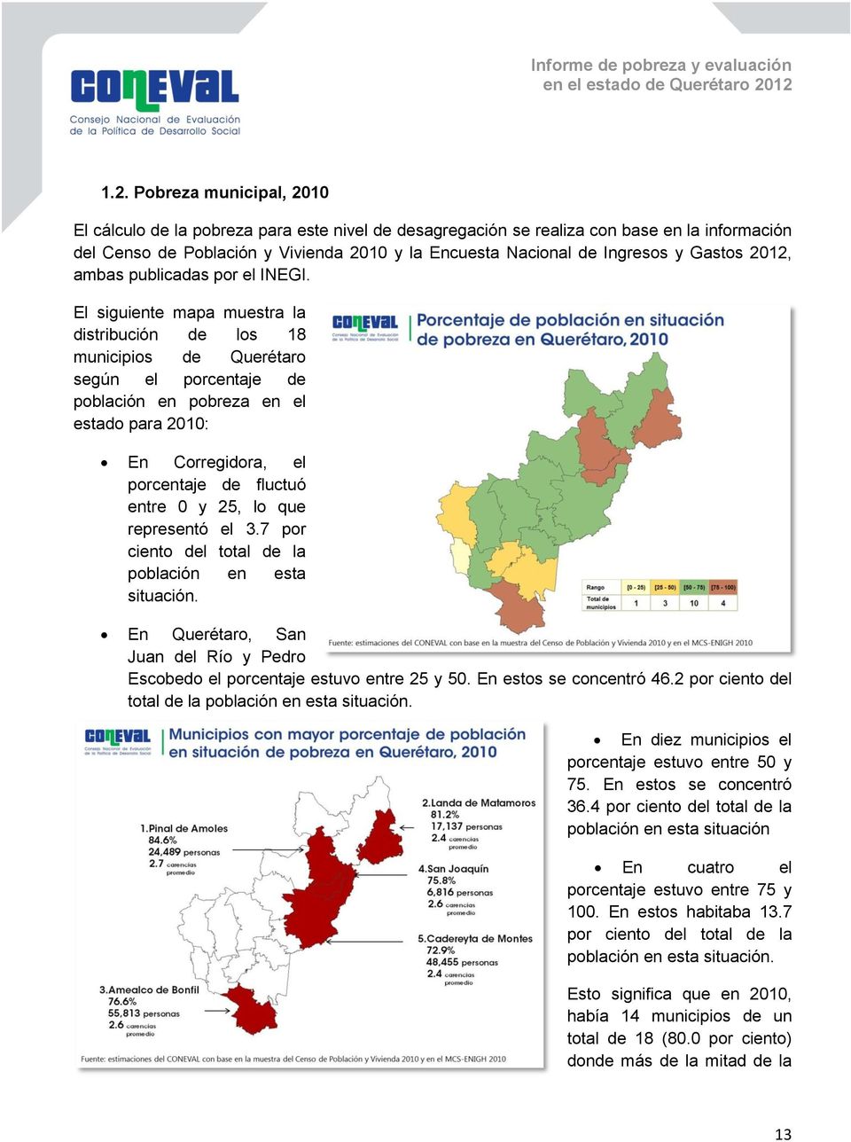 El siguiente mapa muestra la distribución de los 18 municipios de Querétaro según el porcentaje de población en pobreza en el estado para 2010: En Corregidora, el porcentaje de fluctuó entre 0 y 25,