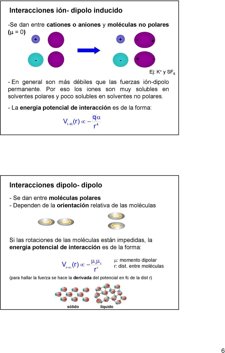 - La energía potencial de interacción es de la forma: V i di qα (r) 4 r Ej: K + y SF 6 Interacciones dipolo- dipolo - Se dan entre moléculas polares - Dependen de la orientación relativa
