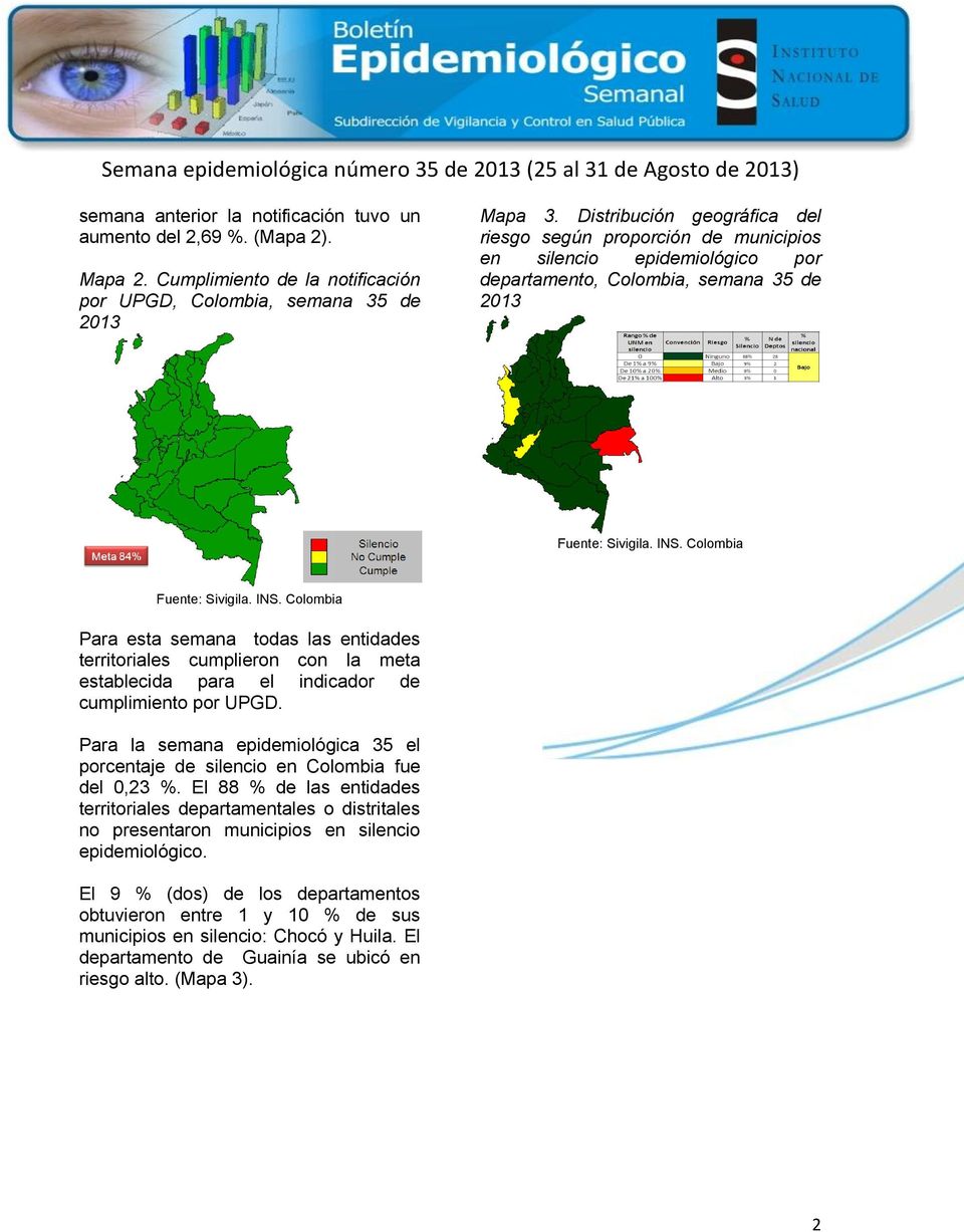 Colombia Fuente: Sivigila. INS. Colombia Para esta semana todas las entidades territoriales cumplieron con la meta establecida para el indicador de cumplimiento por UPGD.