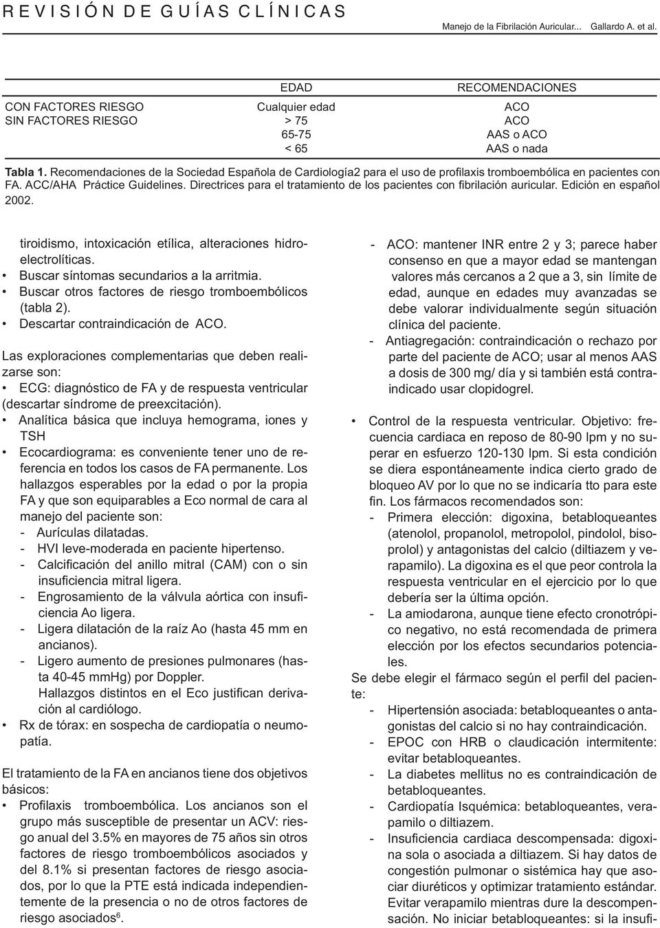 Recomendaciones de la Sociedad Española de Cardiología2 para el uso de profilaxis tromboembólica en pacientes con FA. ACC/AHA Práctice Guidelines.
