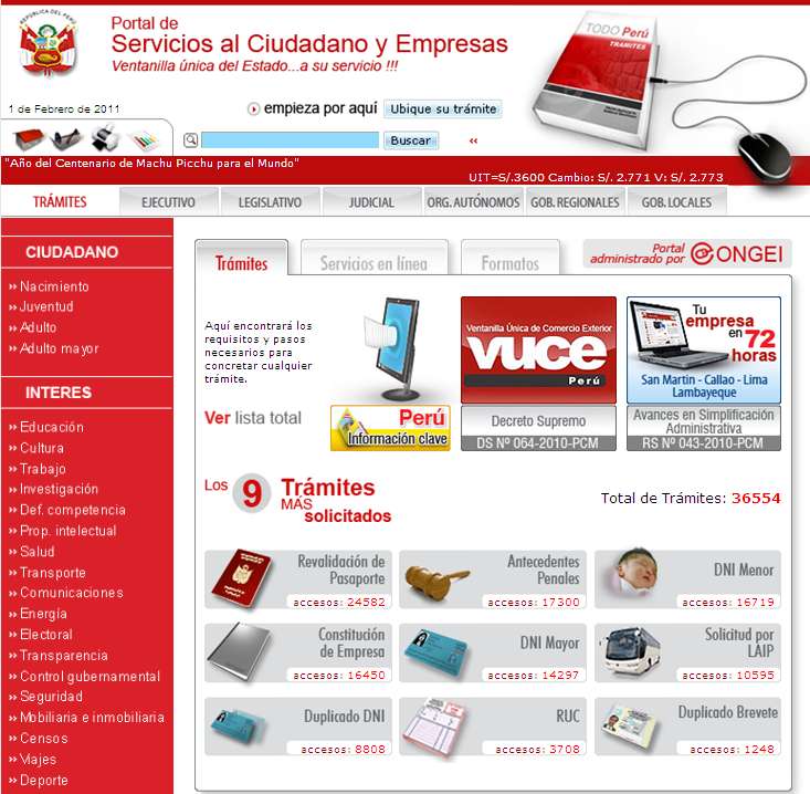 ADMINISTRAMOS EL Portal de Servicios al Ciudadano y Empresas www.tramites.gob.pe 36554 TRÁMITES PUBLICADOS DE 371 ENTIDADES.