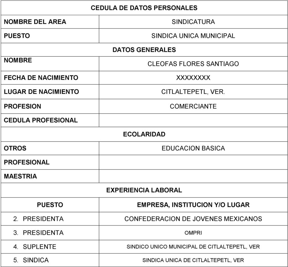 PRESIDENTA CONFEDERACION DE JOVENES MEXICANOS 3. PRESIDENTA OMPRI 4.