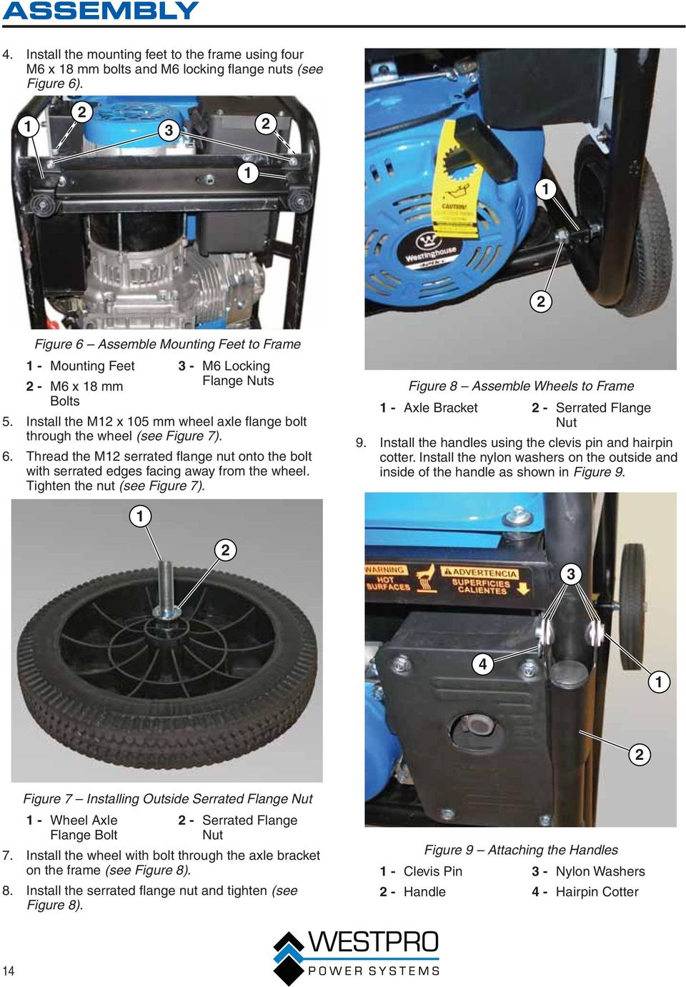 Tighten the nut (see Figure 7). Figure 8 Assemble Wheels to Frame - Axle Bracket 2 - Serrated Flange Nut 9. Install the handles using the clevis pin and hairpin cotter.