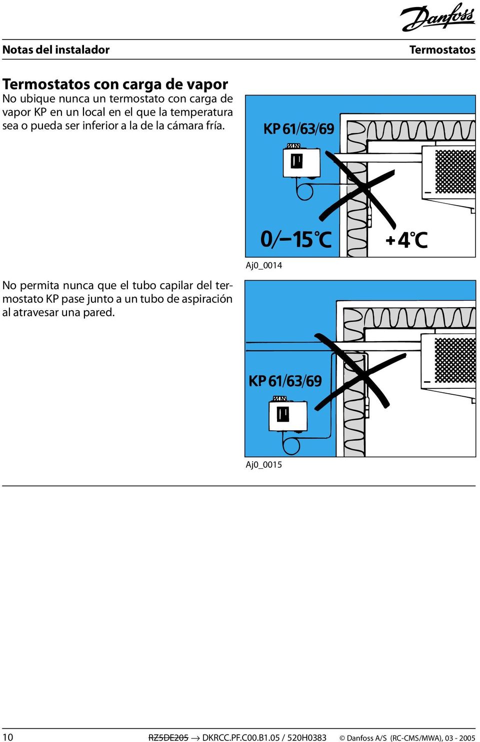 No permita nunca que el tubo capilar del termostato KP pase junto a un tubo de aspiración