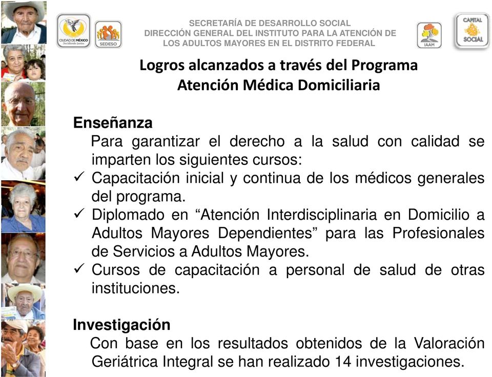 Diplomado en Atención Interdisciplinaria en Domicilio a Adultos Mayores Dependientes para las Profesionales de Servicios a Adultos Mayores.