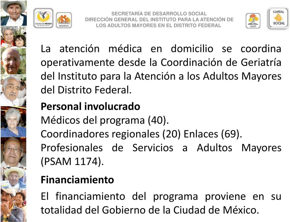 Personal involucrado Médicos del programa (40). Coordinadores regionales (20) Enlaces (69).