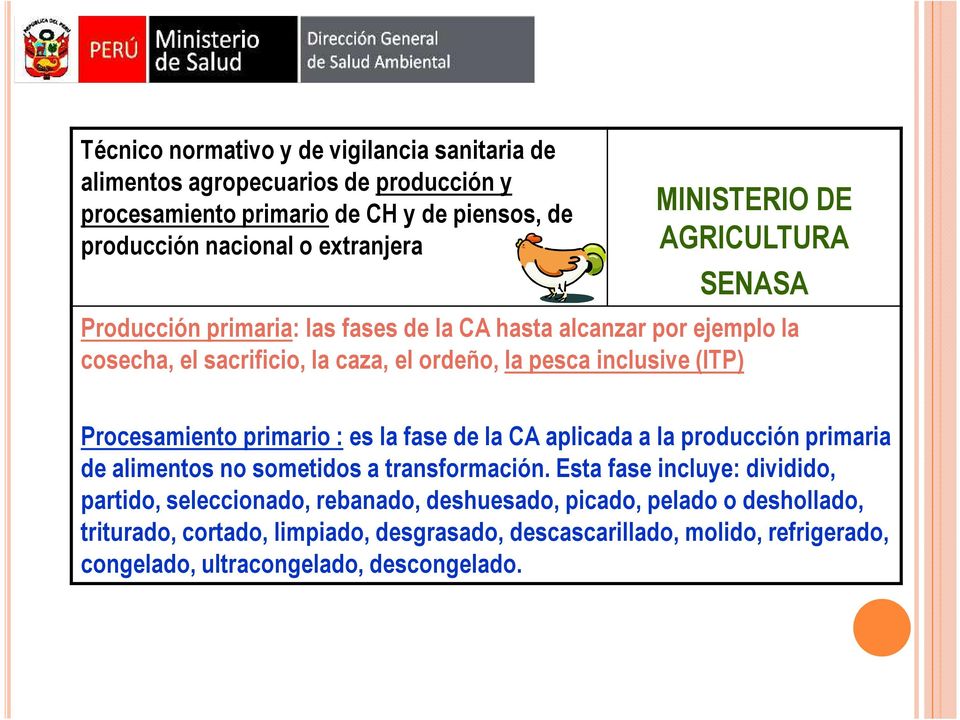 (ITP) Procesamiento primario : es la fase de la CA aplicada a la producción primaria de alimentos no sometidos a transformación.