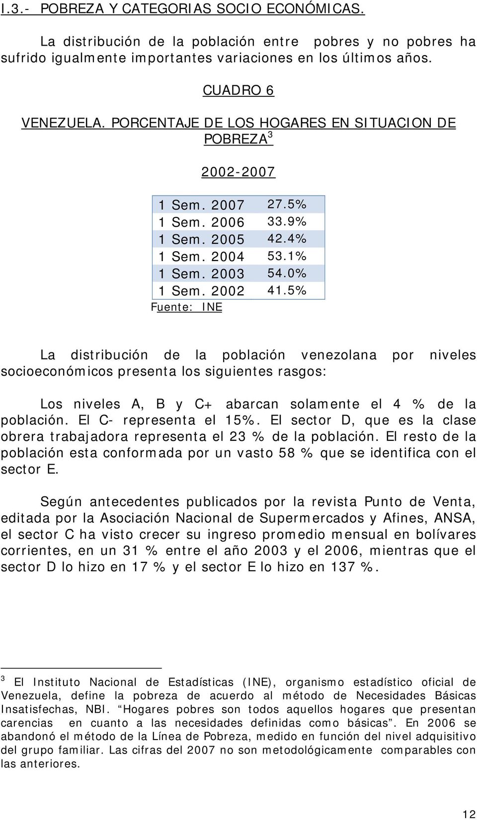 5% Fuente: INE La distribución de la población venezolana por niveles socioeconómicos presenta los siguientes rasgos: Los niveles A, B y C+ abarcan solamente el 4 % de la población.