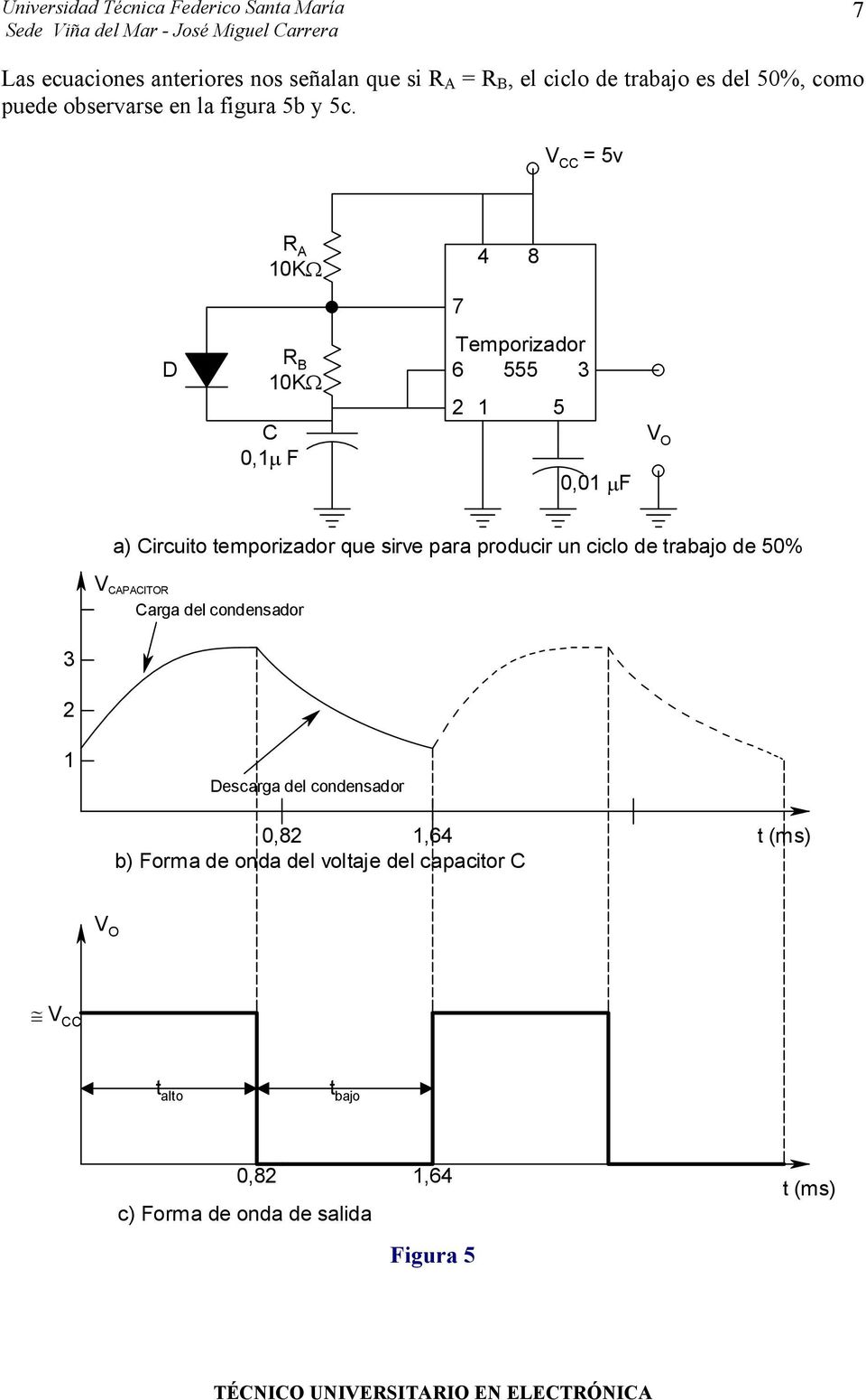 V = 5v A 0KΩ 4 8 D B 0KΩ 0,µ F Temporizador 6 555 5 0,0 µf a) ircuio emporizador que sirve para producir un ciclo