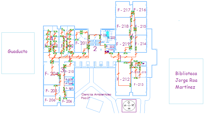 Figura 24. Plano con las luminarias de emergencia y su circuito para el segundo piso.