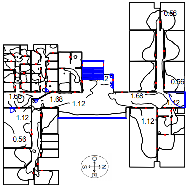 La Figura 25, muestra la ubicación de las luminarias de emergencia R2, con su respectivo diagrama isolux, la ruta de evacuación son las escaleras que se encuentran al oeste, para el