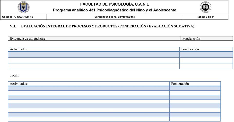 EVALUACIÓN INTEGRAL DE PROCESOS Y PRODUCTOS (PONDERACIÓN /