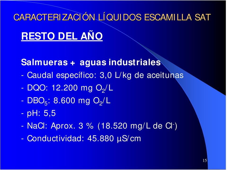 aceitunas - DQO: 12.200 mg O 2 /L -DBO 5 : 8.