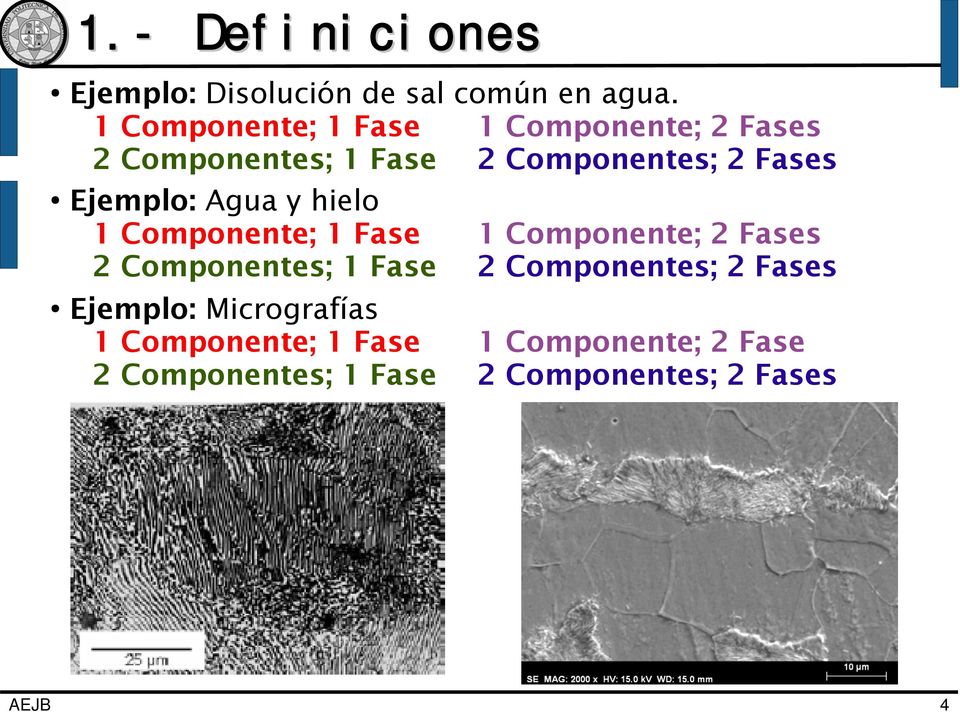 Ejemplo: Agua y hielo  Ejemplo: Micrografías 1 Componente; 1 Fase 1 Componente; 2 Fase 2