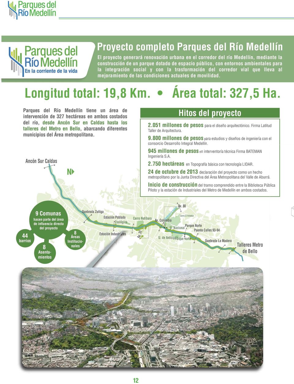 Parques del Río Medellín tiene un área de intervención de 327 hectáreas en ambos costados del río, desde Ancón Sur en Caldas hasta los talleres del Metro en Bello, abarcando diferentes municipios del